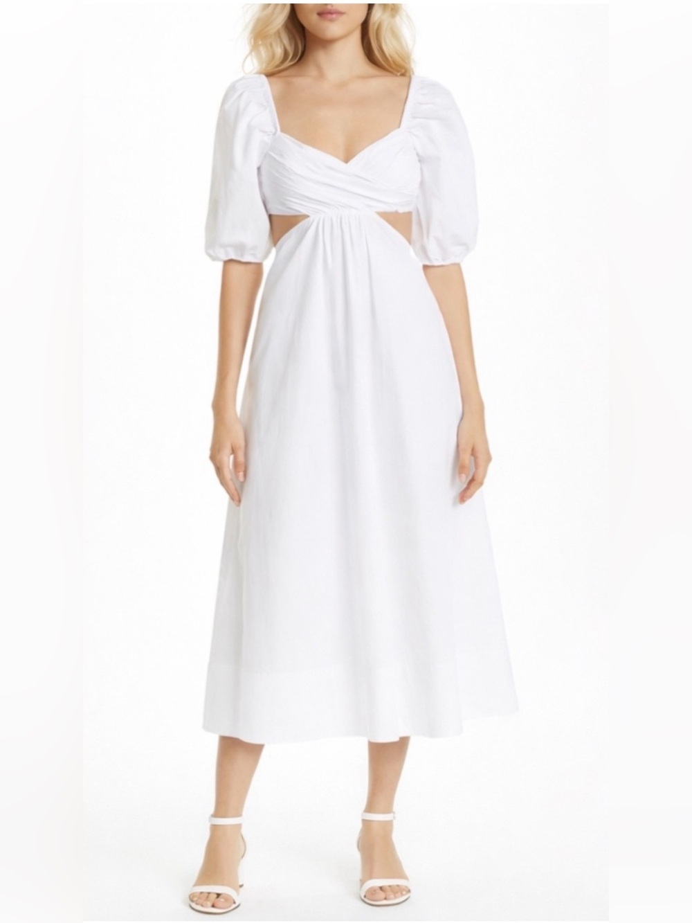STAUD White Puff-Sleeve Cutout Midi Dress